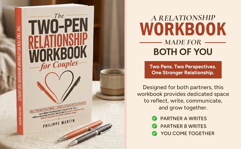 The workbook standing on a table beside two pens and a coffee cup. A relationship workbook made for both of you. Two pens, two perspectives, one stronger relationship. Partner A writes, Partner B writes, you come together.