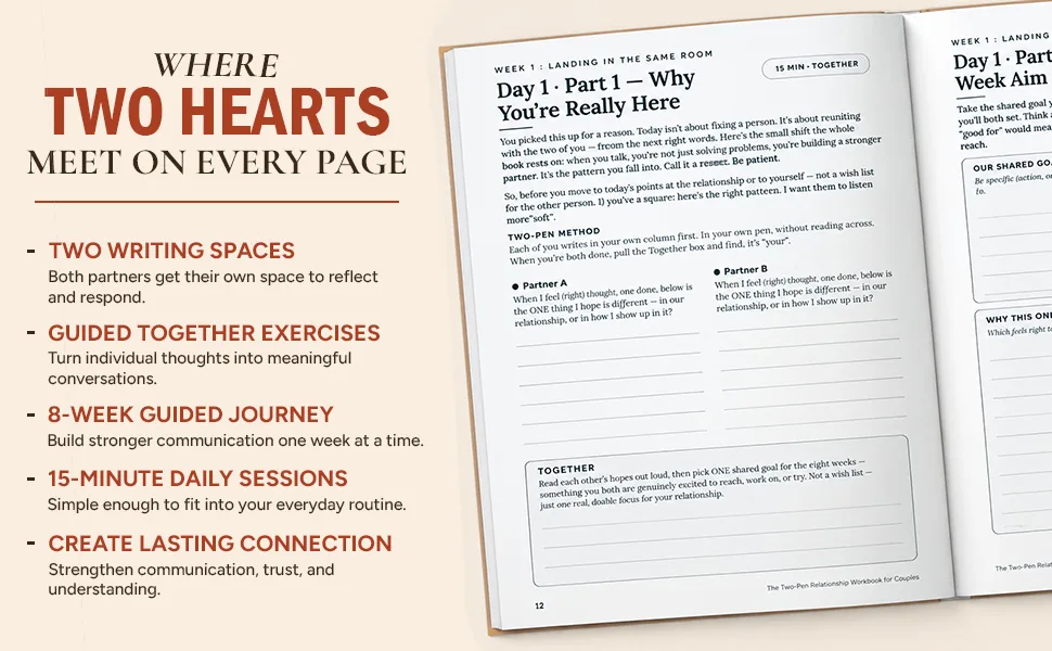 The book open to Day 1, Why You're Really Here, showing the Two-Pen Method columns and the Together box. Where two hearts meet on every page: two writing spaces, guided Together exercises, an 8-week guided journey, 15-minute daily sessions, lasting connection.