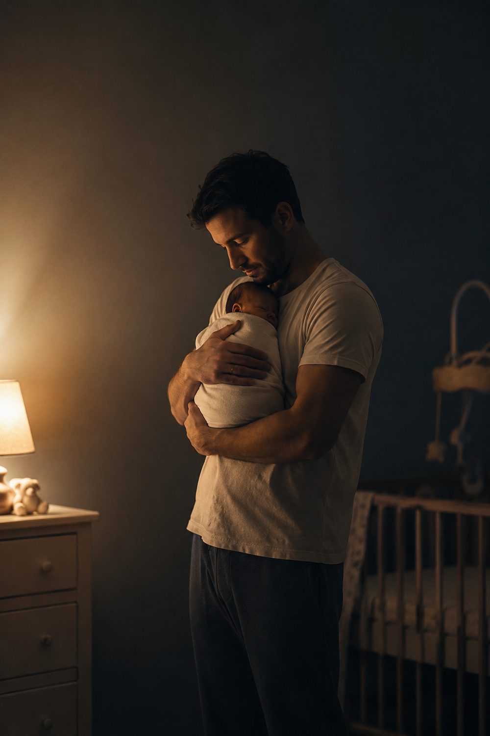 A father holding his newborn in a dim nursery, lit by a single warm lamp